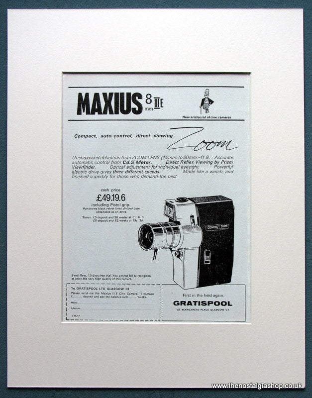 Maxius 8 III E Compact Zoom Camera. Original advert 1963 (ref AD1063)