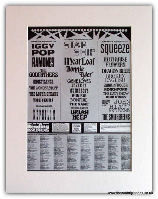 Reading Festival 1988 Advert. Iggy Pop, Meatloaf, Ramones. (ref Ad1827)