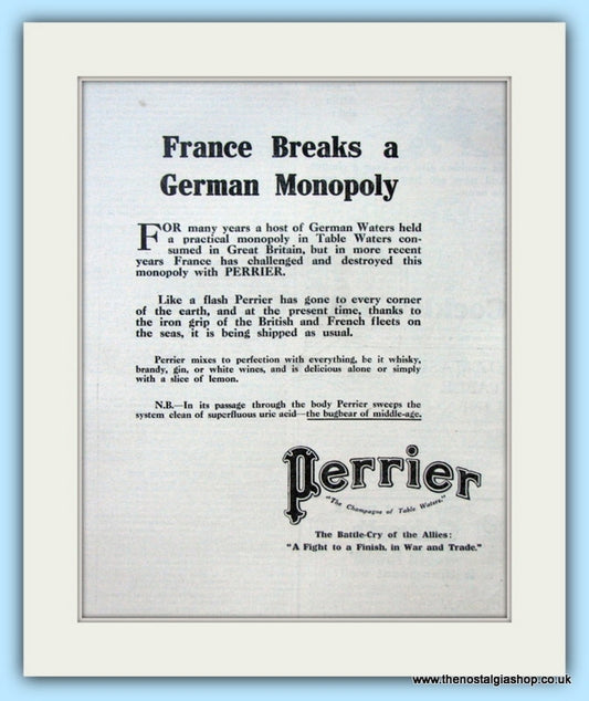 Perrier. Wartime Original Advert 1915 (ref AD4861)