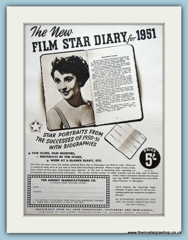 Film Star Diary 1951 with Elizabeth Taylor. Original Advert (ref AD3645)