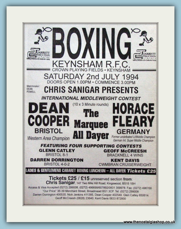 Dean Cooper v Horace Fleary. 1994 Original Advert (ref AD4405)
