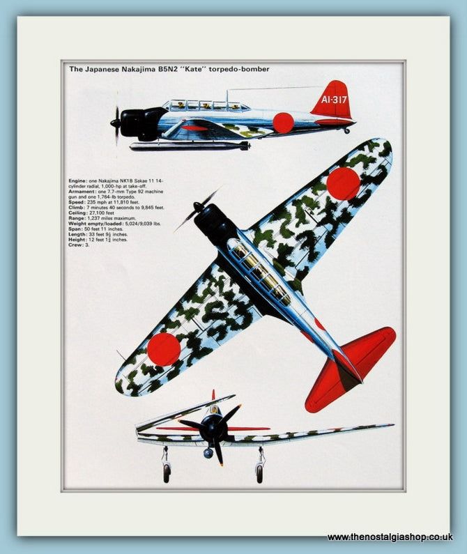 Japanese Nakajima B5N2 "Kate" Torpedo Bomber. Print (ref PR567)