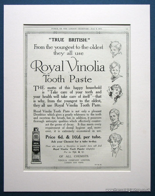 Royal Vinolia Tooth Paste. Original advert 1915 (ref AD1028)