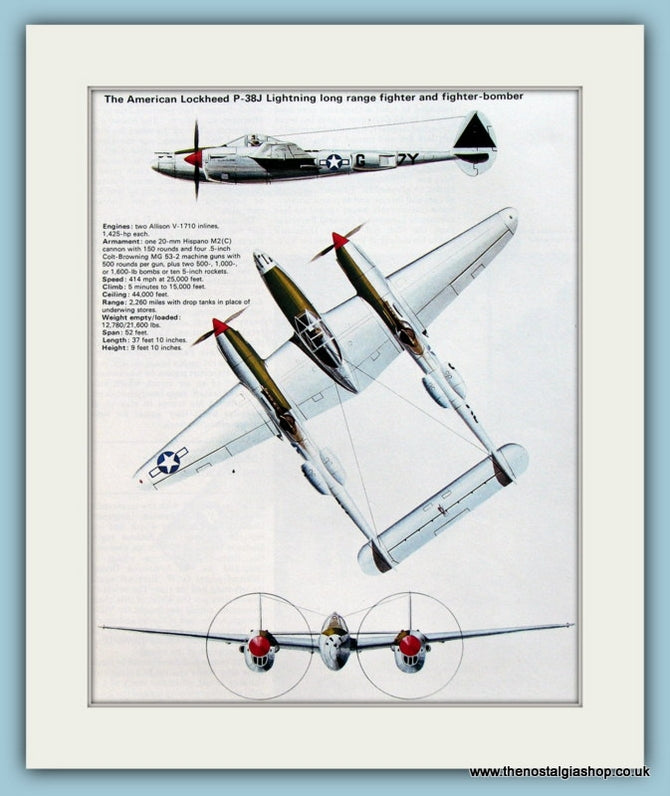 American Lockheed P-38J Lightning Fighter Bomber Aircraft. Print (ref PR562)
