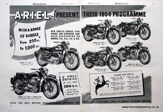 Ariel Motorcycles 1954 Range. Original advert (ref Ad1294)