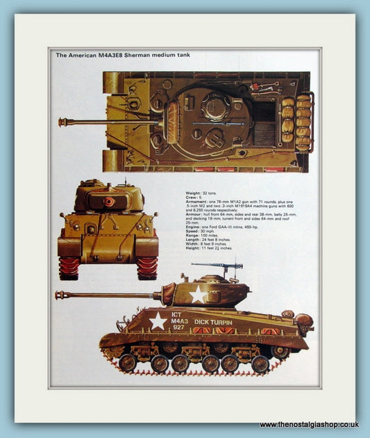 American M4A3E8 Sherman Medium Tank. Print (ref PR488)