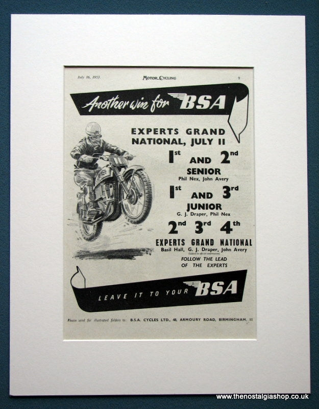 BSA Wins Experts Grand National, Basil Hall 1953. Original advert (ref AD1264)