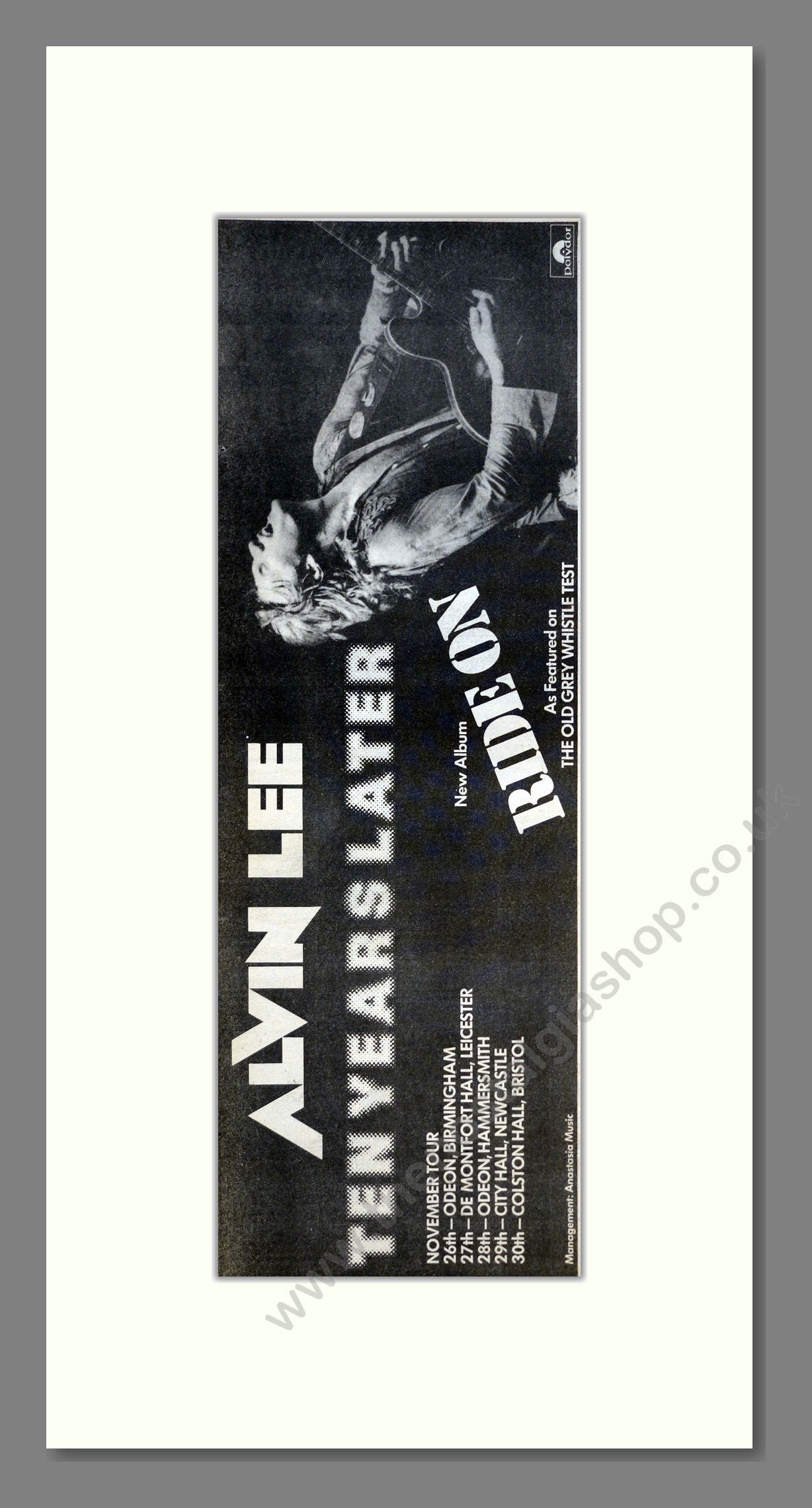 Alvin Lee - Ten Years Later (UK Tour). Vintage Advert 1979 (ref 