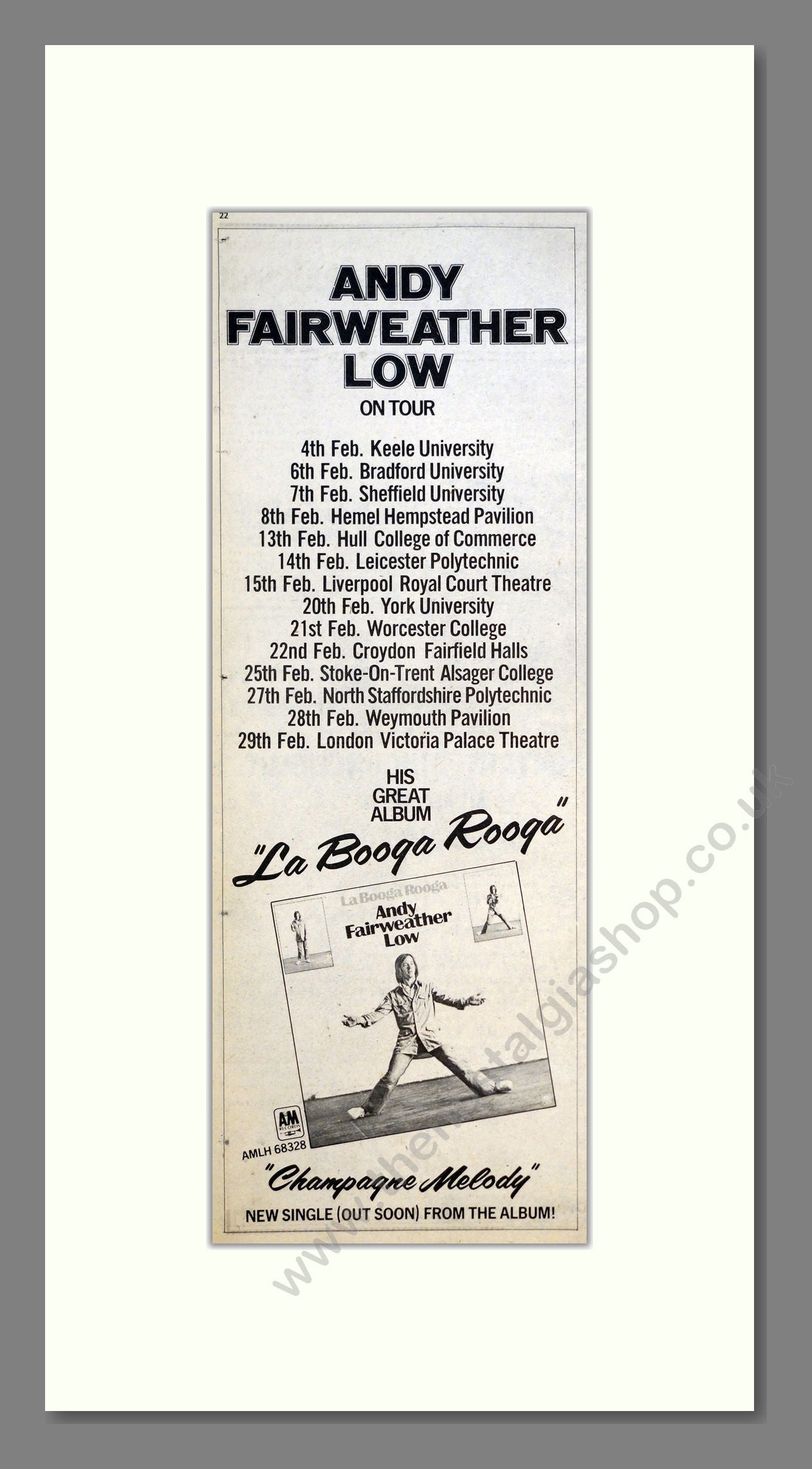 Andy Fairweather Low - La Booga Rooga (UK Tour). Vintage Advert 1976 (ref AD200853)