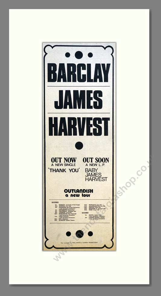 Barclay James Harvest - Thankyou (UK Tour). Vintage Advert 1972 (ref AD200881)