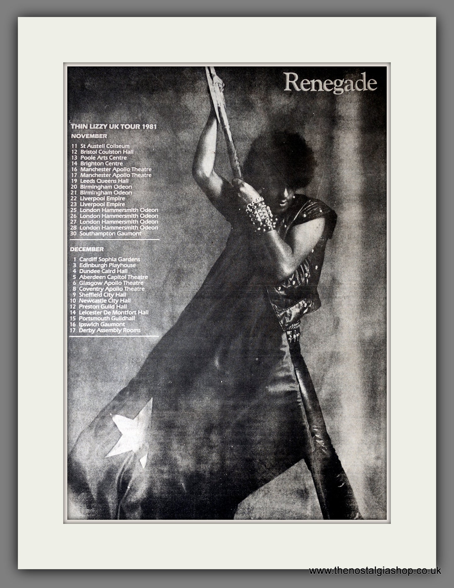 Thin Lizzy Renegade Tour Dates Nov/Dec Original Advert 1981 (ref AD9103)