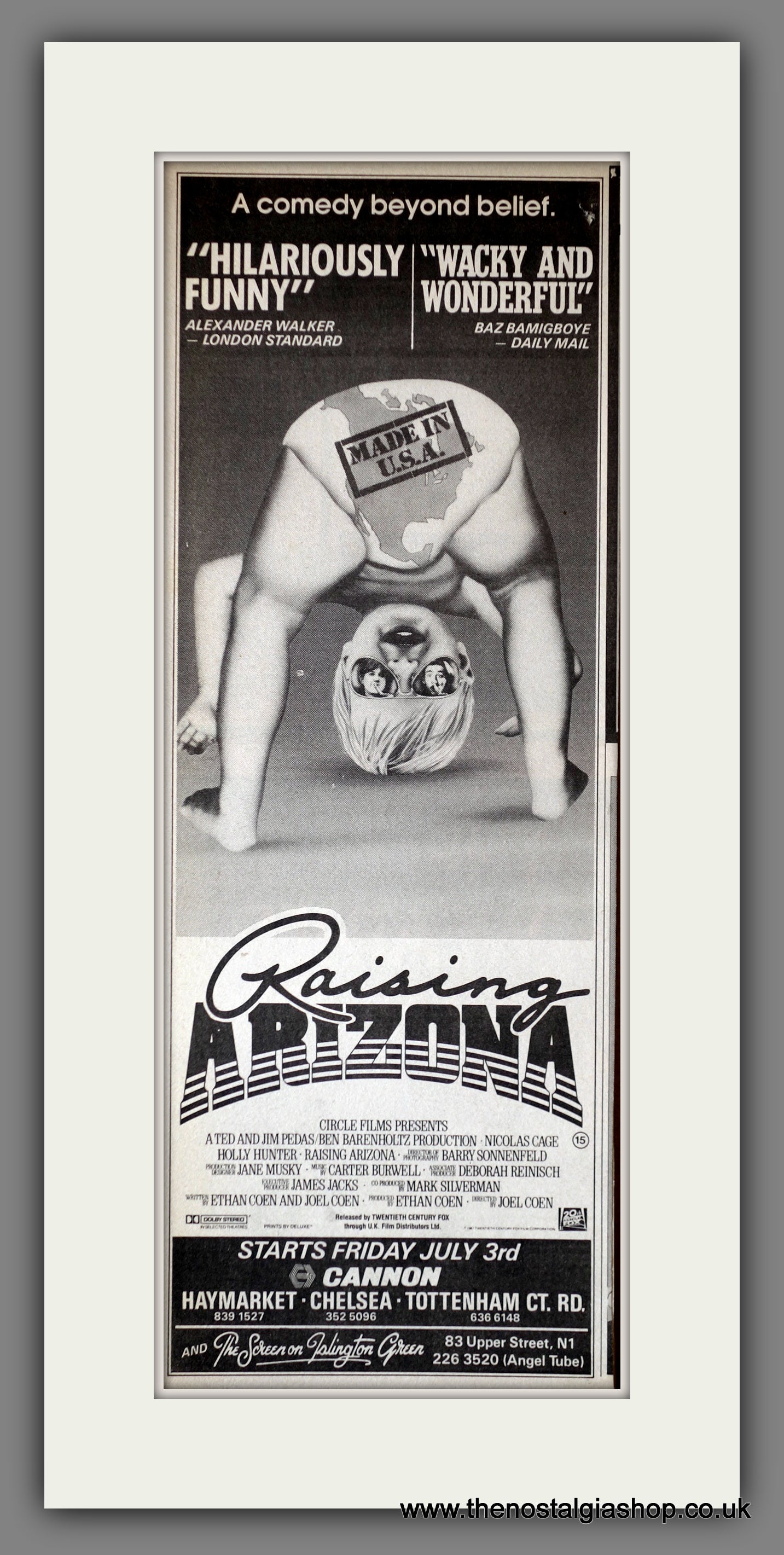 Raising Arizona. Nicholas Cage. Vintage Advert 1987 (ref AD200304)