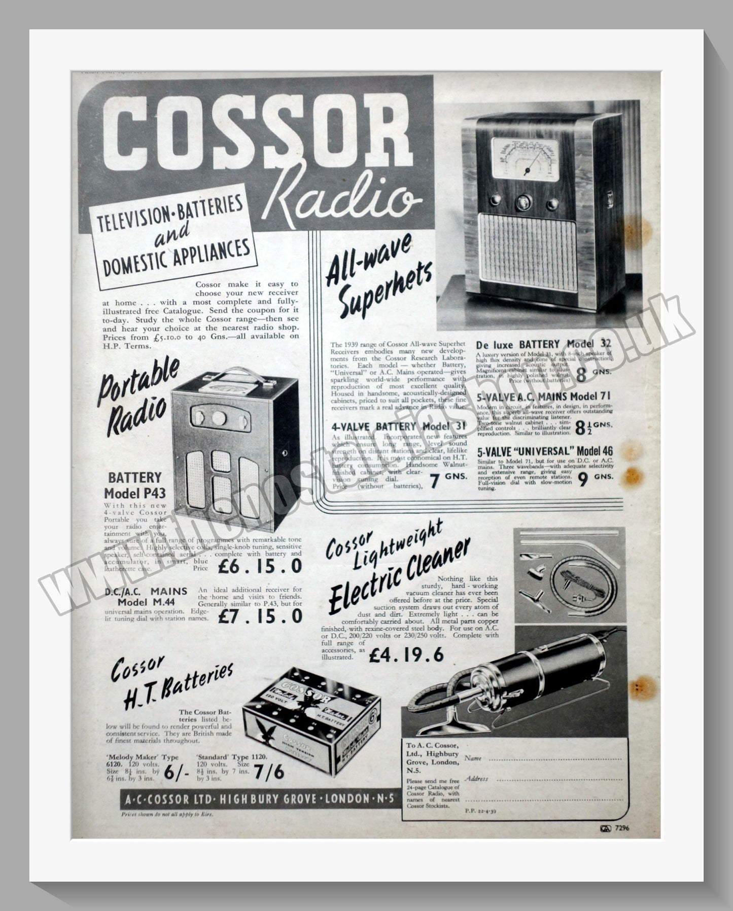 Cossor Radio & Electrics. Original Advert 1939 (ref AD300495)
