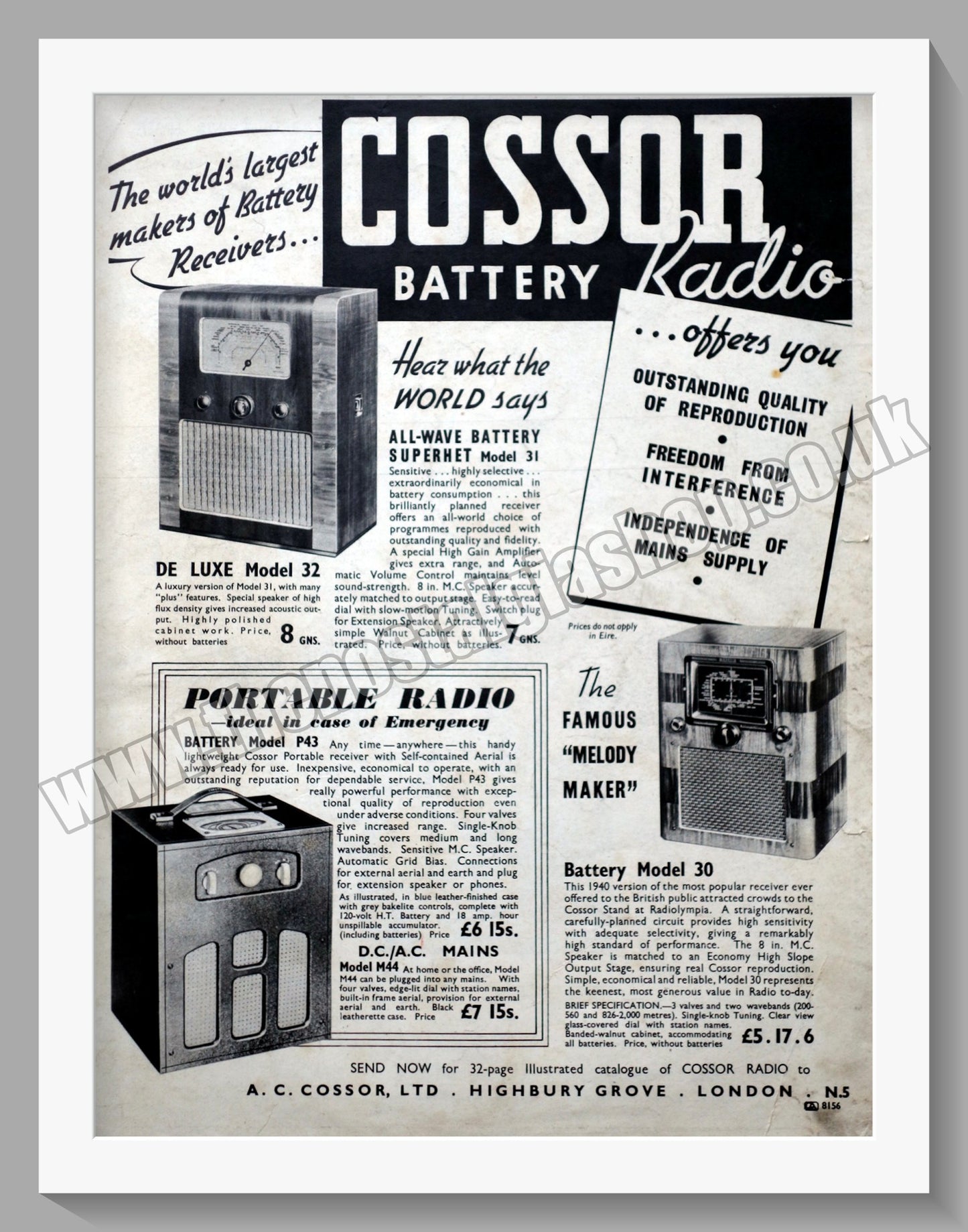 Cossor Battery Radio. Original Advert 1939 (ref AD300499)
