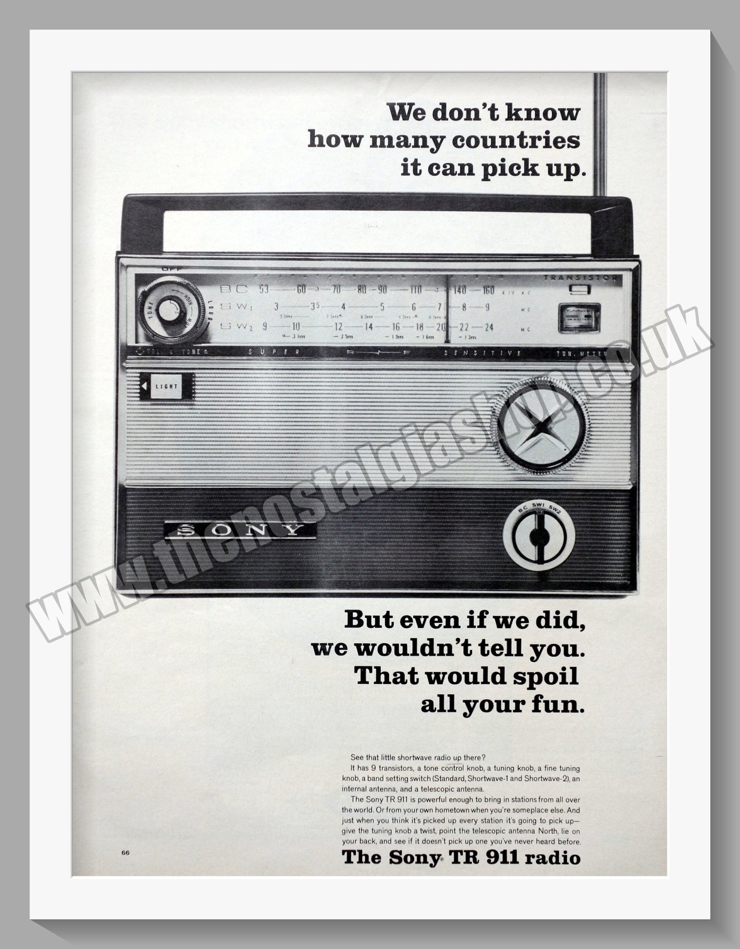 Sony TR-911 Radio. Original Advert 1965 (ref AD300570)