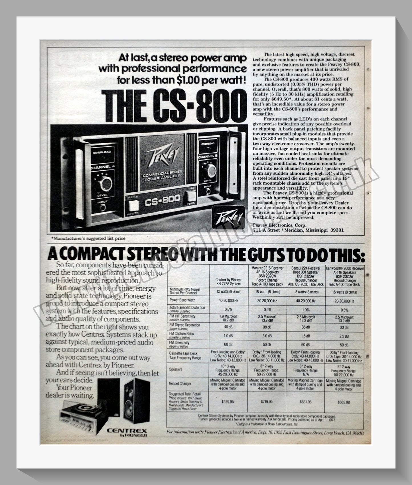 Centrex Systems & Peavey CS-800 Amplifier. Original Advert 1977 (ref AD300594)