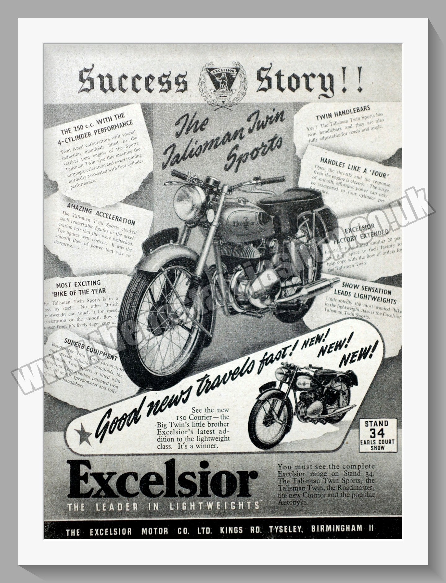Excelsior Talisman Twin Sports Motorcycle. Original Advert 1952 (ref AD56562)