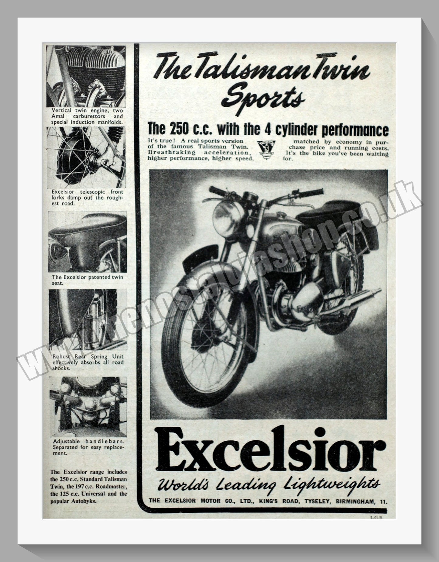 Excelsior Talisman Twin Sports Motorcycle. Original Advert 1952 (ref AD56563)