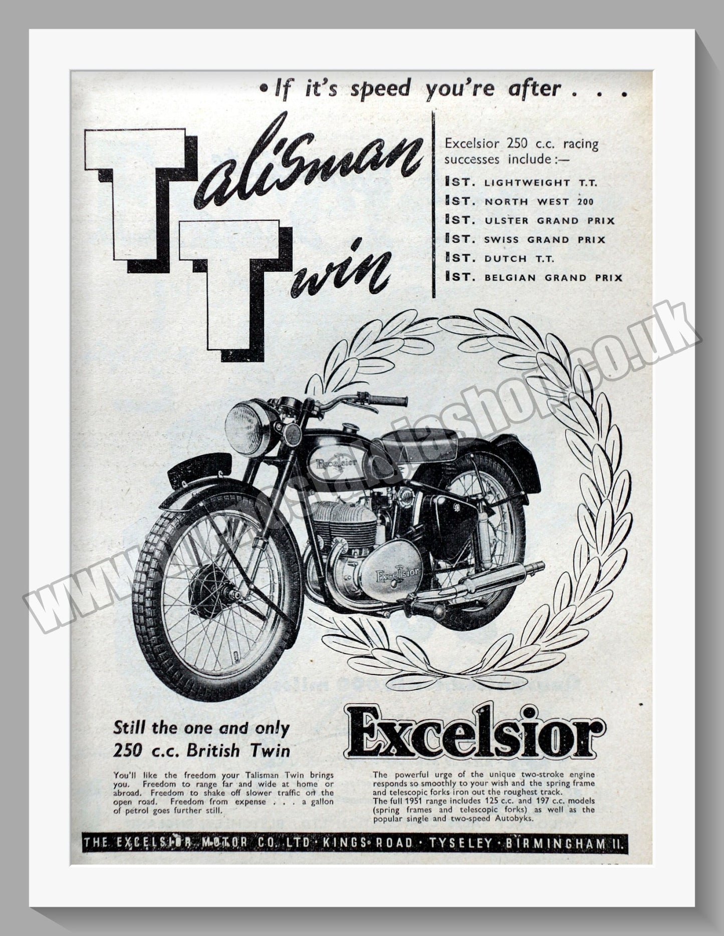Excelsior Talisman Twin Motorcycle. Original Advert 1951 (ref AD56568)