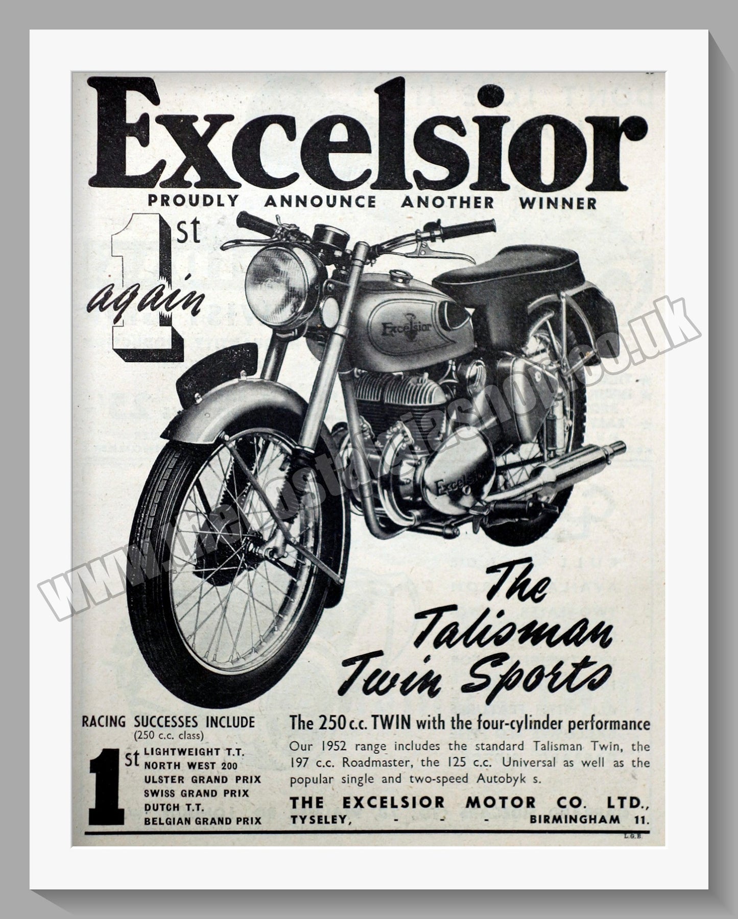 Excelsior Talisman Twin Sports Motorcycle. Original Advert 1952 (ref AD56565)