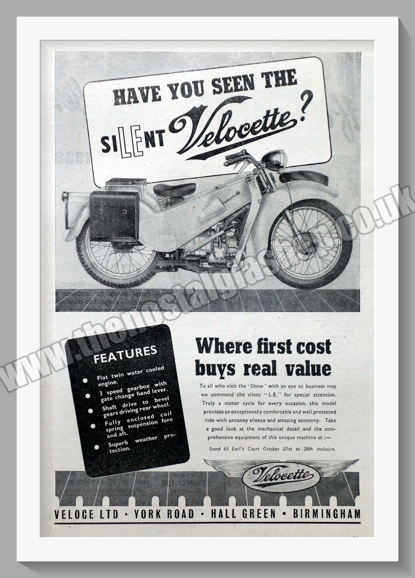 Velocette Silent L.E. Motorcycle. Original Advert 1949 (ref AD56575)