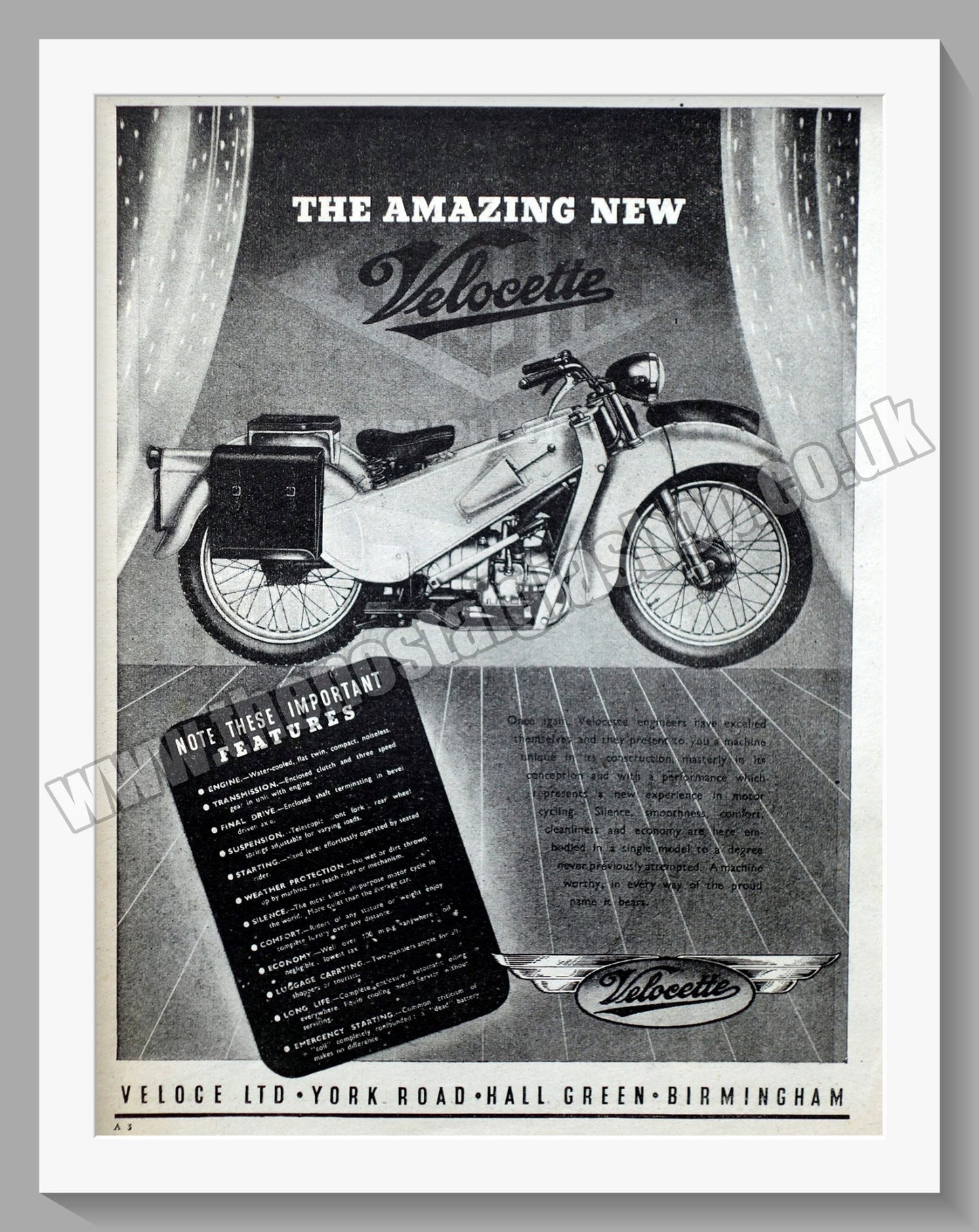 Velocette Silent L.E. Motorcycle. Original Advert 1948 (ref AD56576)