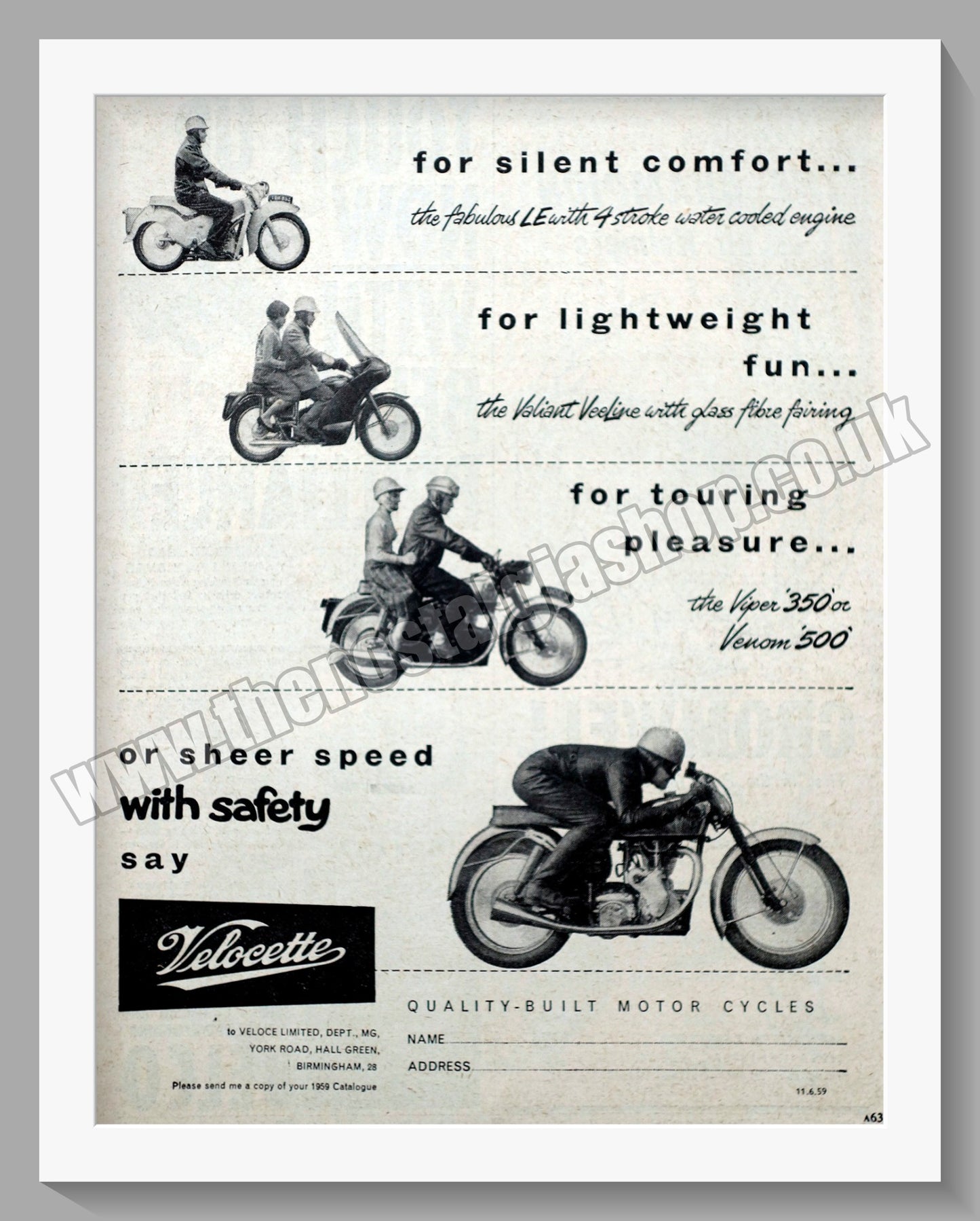 Velocette Motorcycle Range. Original Advert 1959 (ref AD56577)