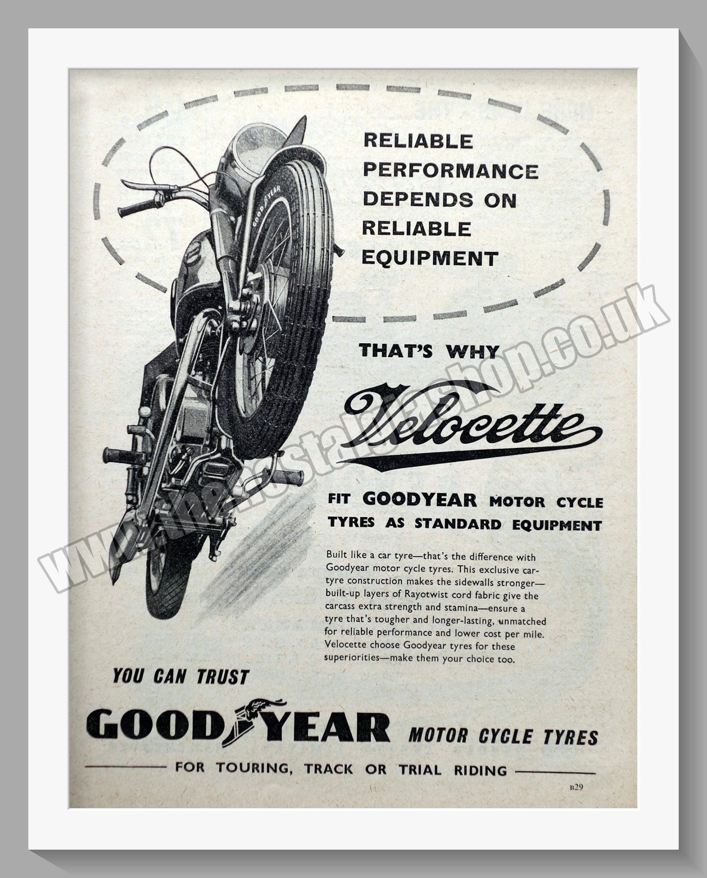 Velocette Motorcycles and Goodyear Tyres. Original Advert 1956 (ref AD56581)