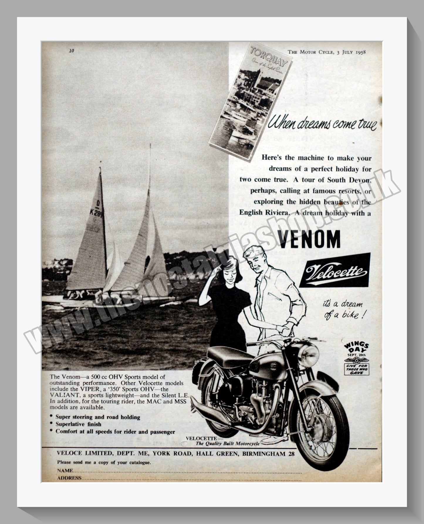Velocette Venom Motorcycle. Original Advert 1958 (ref AD56594)