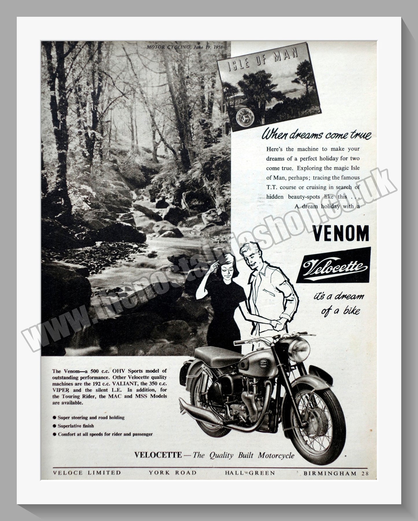 Velocette Venom Motorcycle. Original Advert 1958 (ref AD56595)