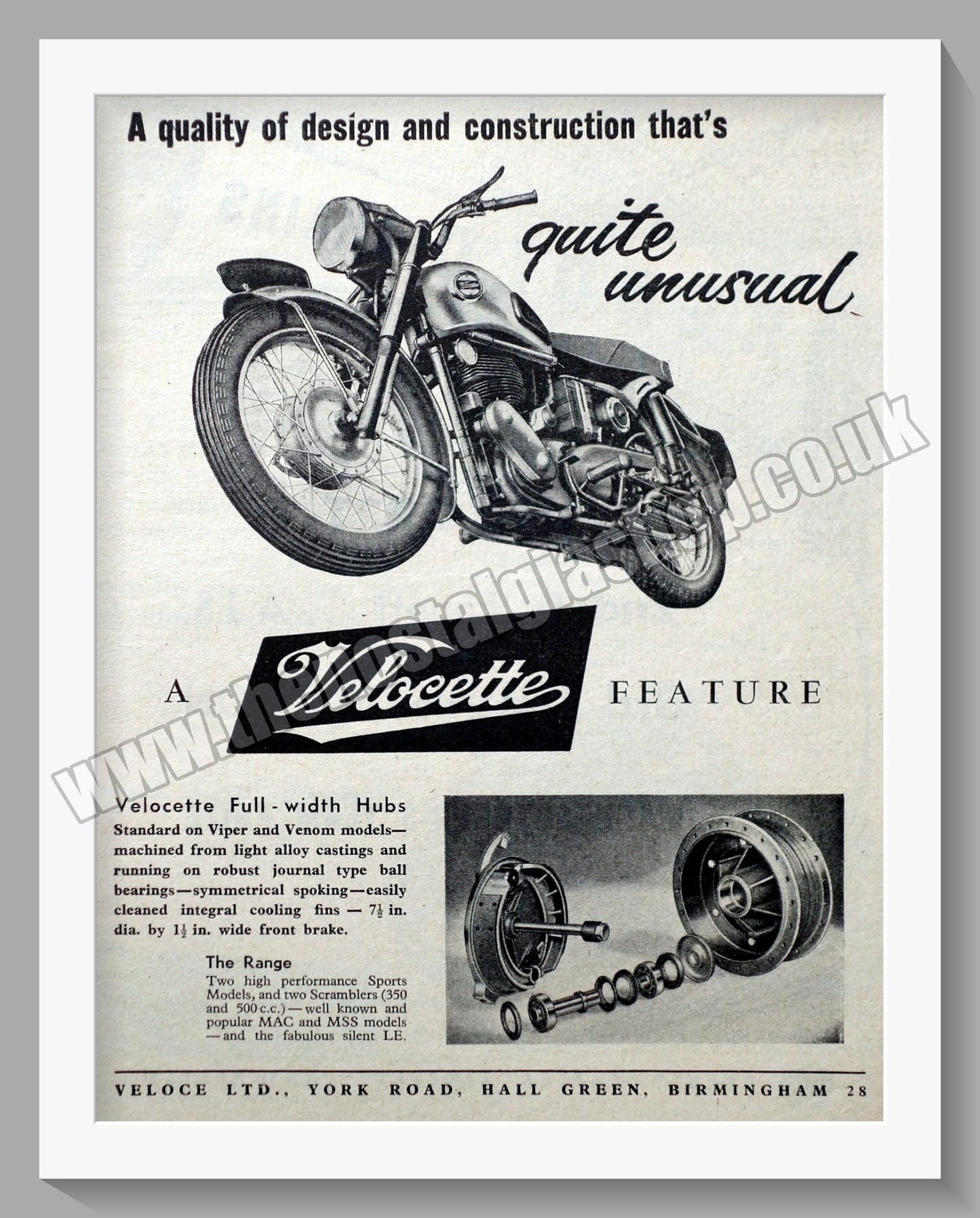 Velocette Motorcycles Full Width Hubs. Original Advert 1956 (ref AD56596)