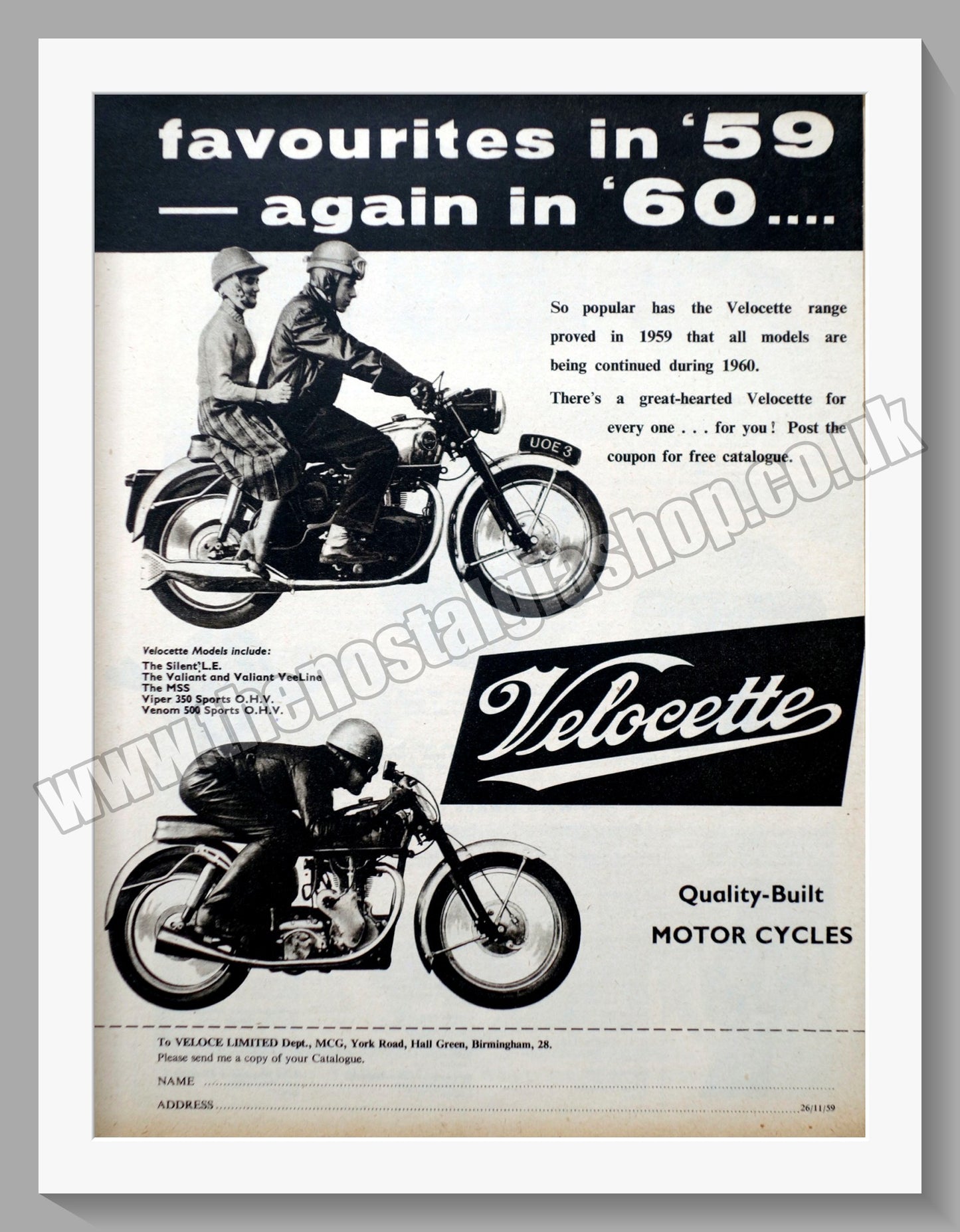 Velocette Motorcycles Range. Original Advert 1959 (ref AD56598)