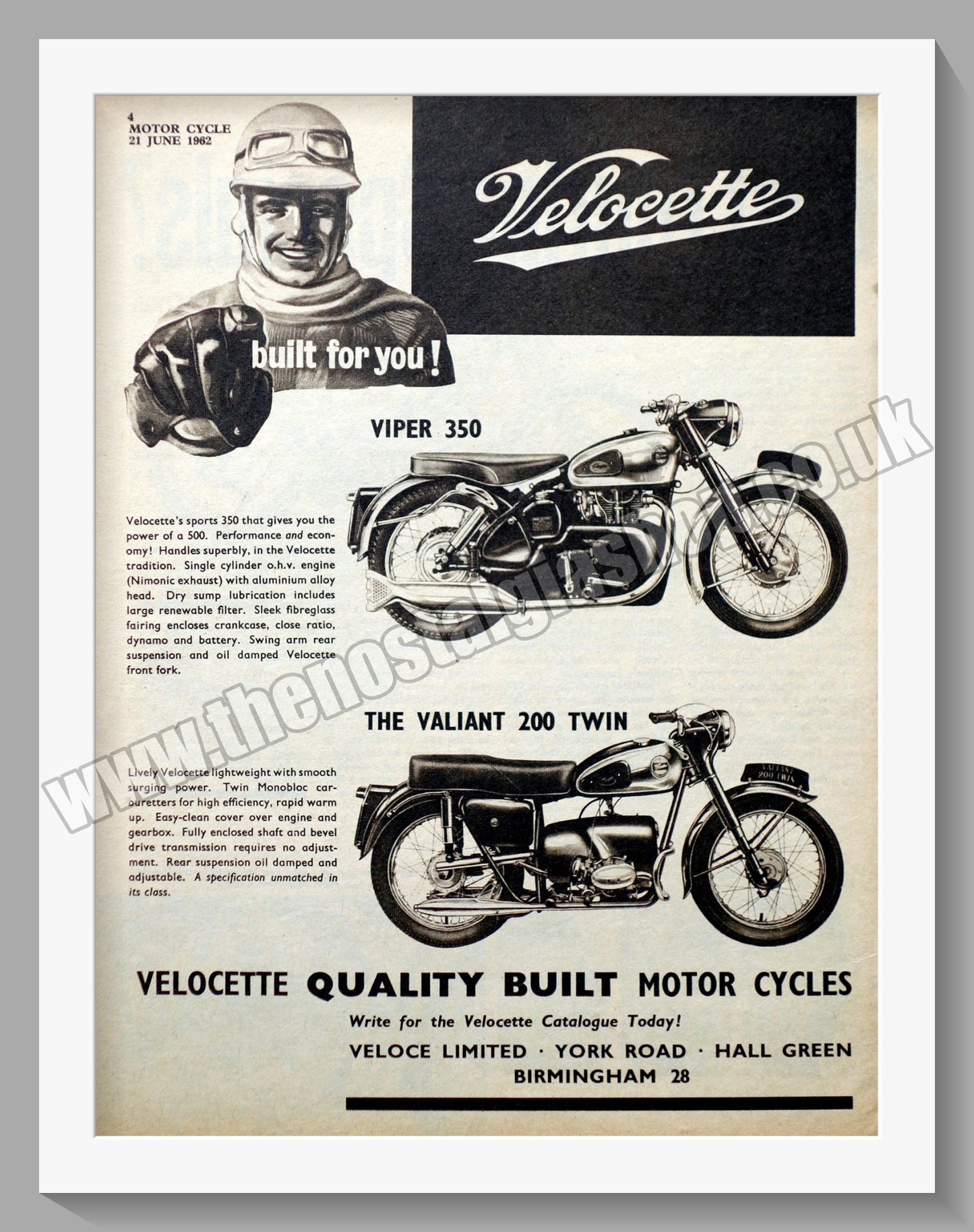 Velocette Viper 350 and Valiant 200 Motorcycles. Original Advert 1962 (ref AD56600)