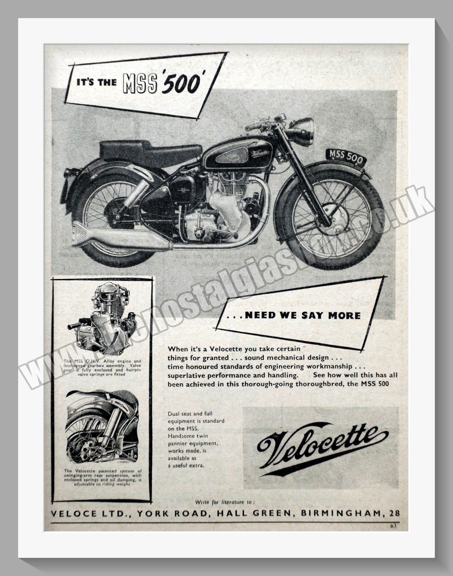 Velocette MSS 500 Motorcycle. Original Advert 1954 (ref AD56603)