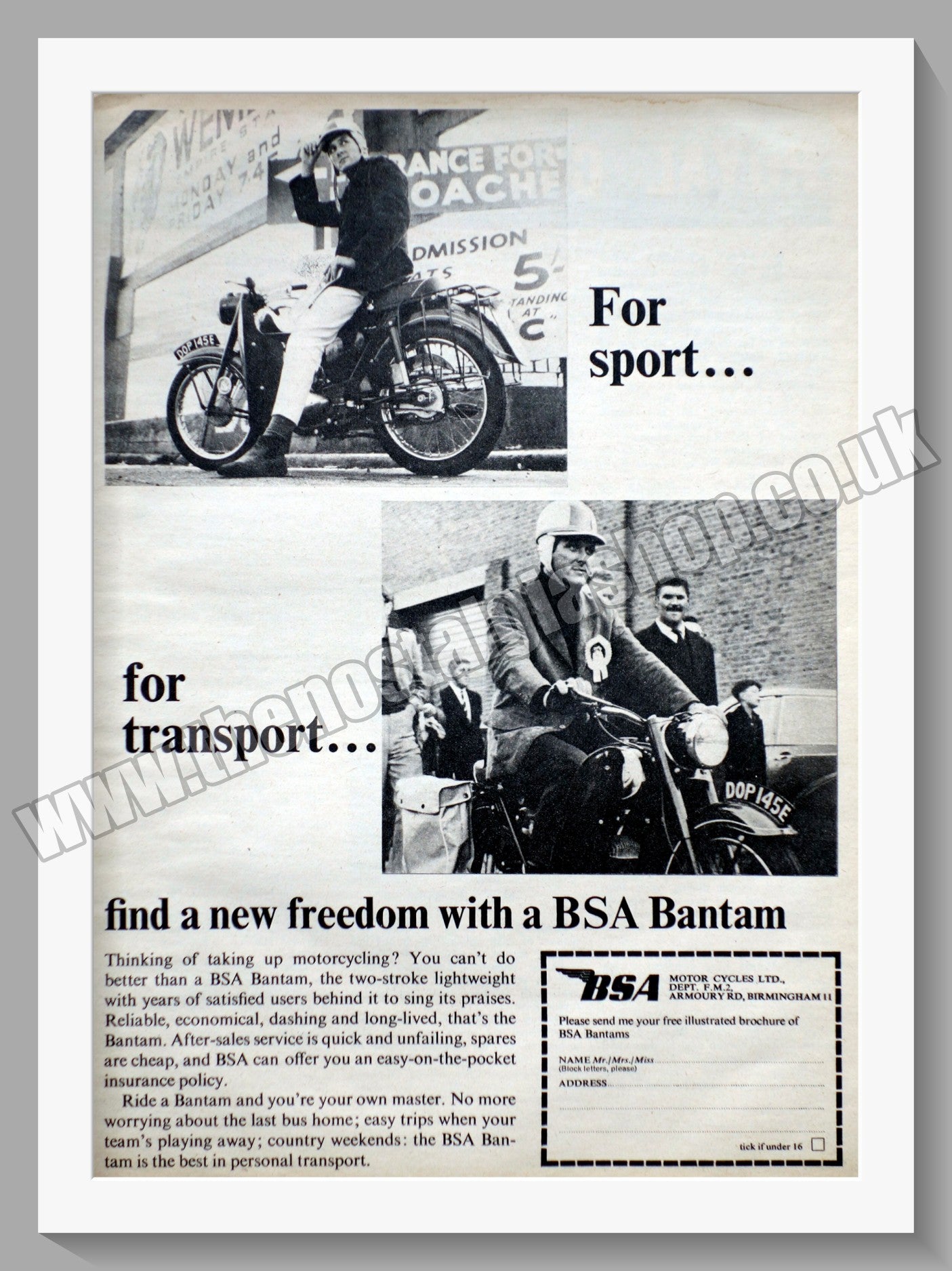 BSA Bantam Motorcycle. Original Advert 1967 (ref AD56606)