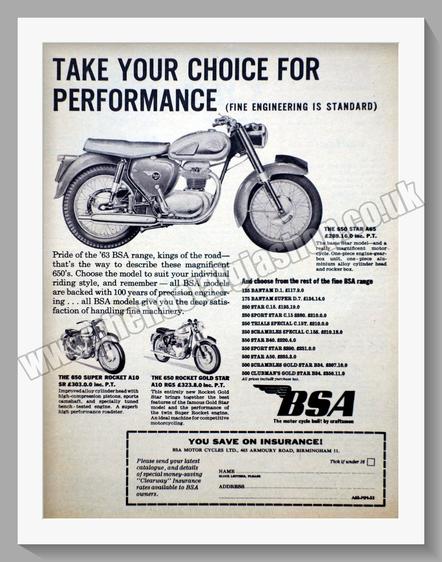 BSA Motorcycle Performance Range. Original Advert 1963 (ref AD56616)