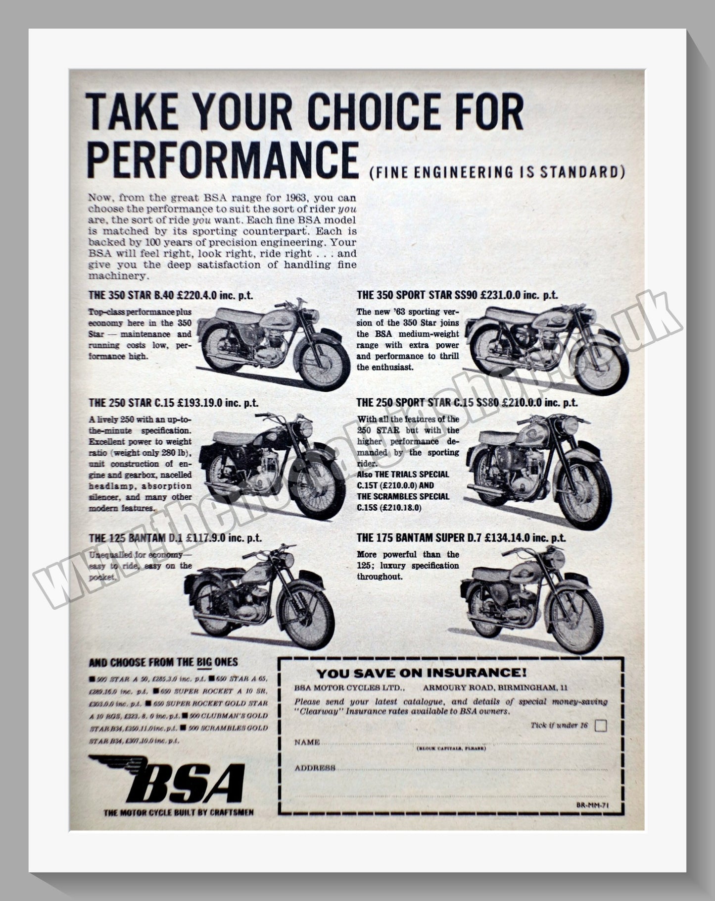 BSA Motorcycle Performance Range. Original Advert 1963 (ref AD56617)