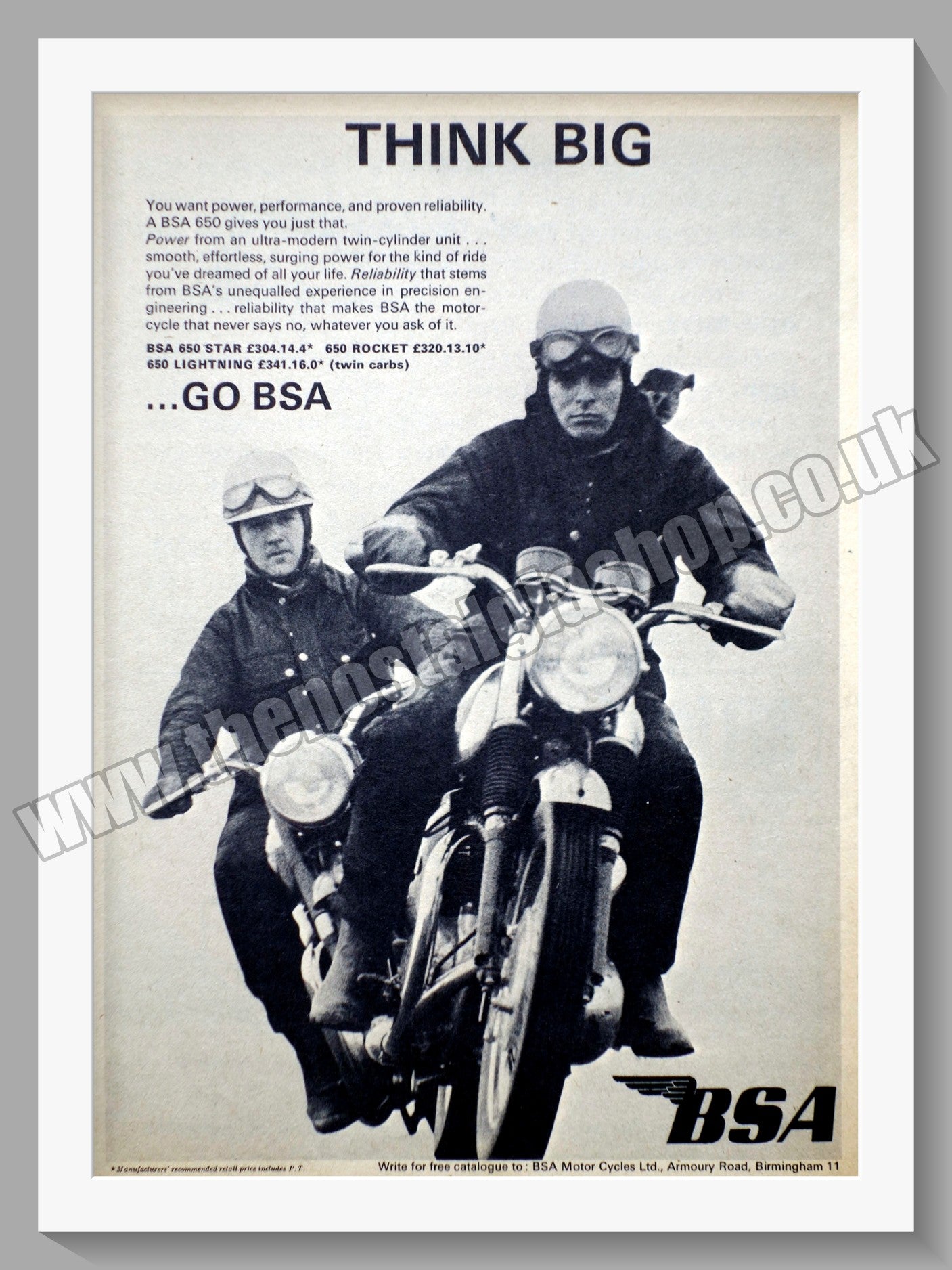 BSA Motorcycles. Think Big Go BSA. Original Advert 1965 (ref AD56619)