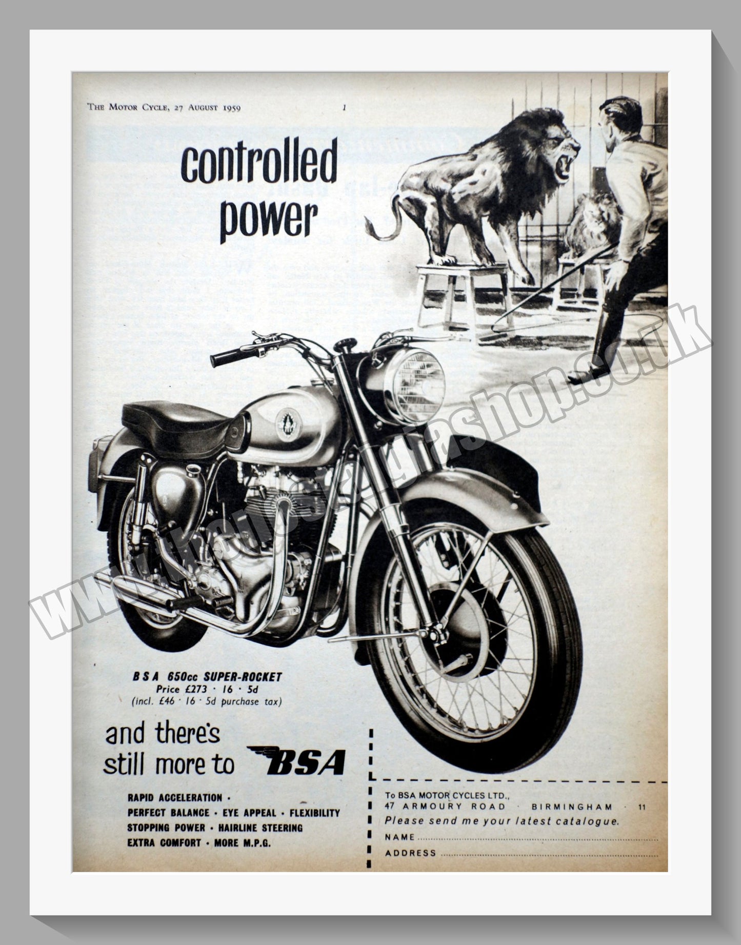BSA 650 Super Rocket Motorcycle. Original Advert 1959 (ref AD56627)