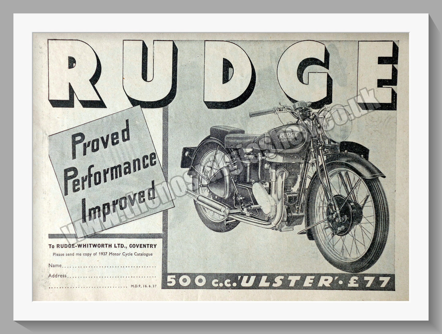 Rudge 500cc Ulster Motor Cycle. Original Advert 1937 (ref AD56665)