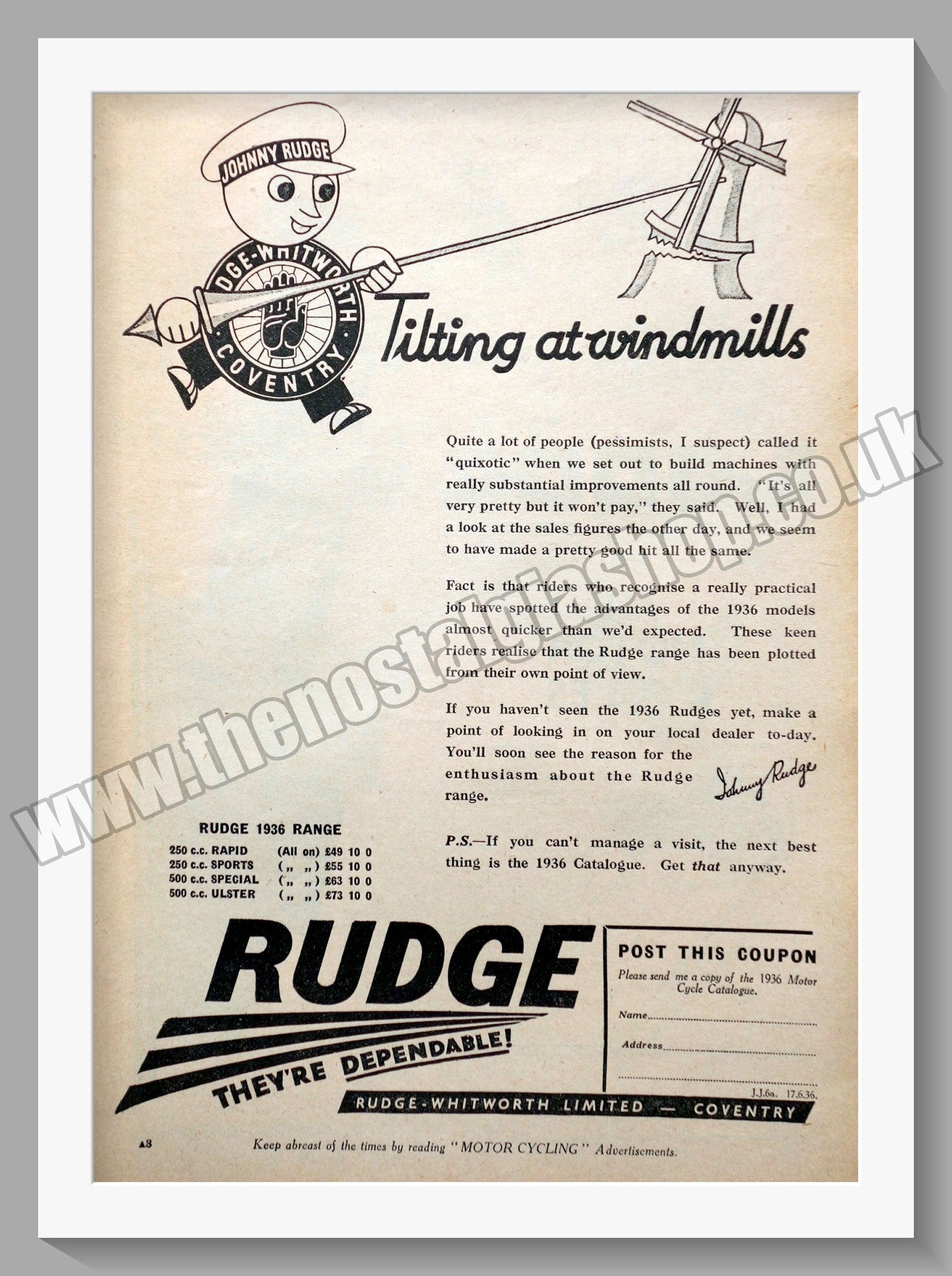 Rudge Motor Cycle Range. Original Advert 1936 (ref AD56667)