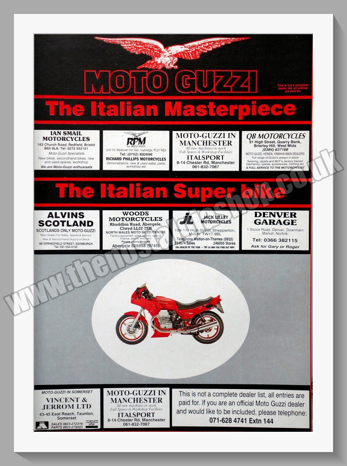 Moto Guzzi Motorcycle Dealers. Original Advert 1990 (ref AD56701)
