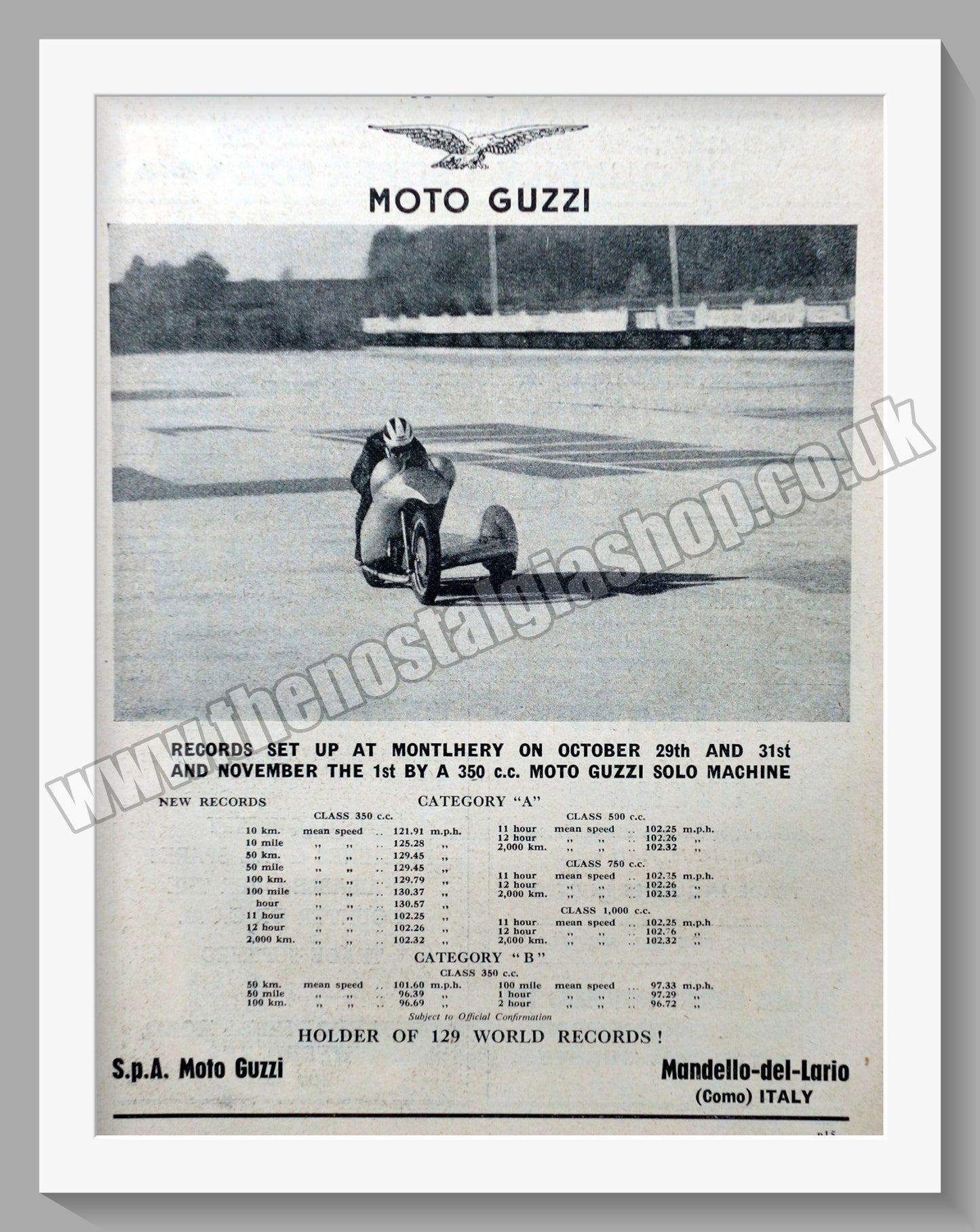 Moto Guzzi Motorcycles. Setting Records at Montlhery. Original Advert 1955 (ref AD56709)