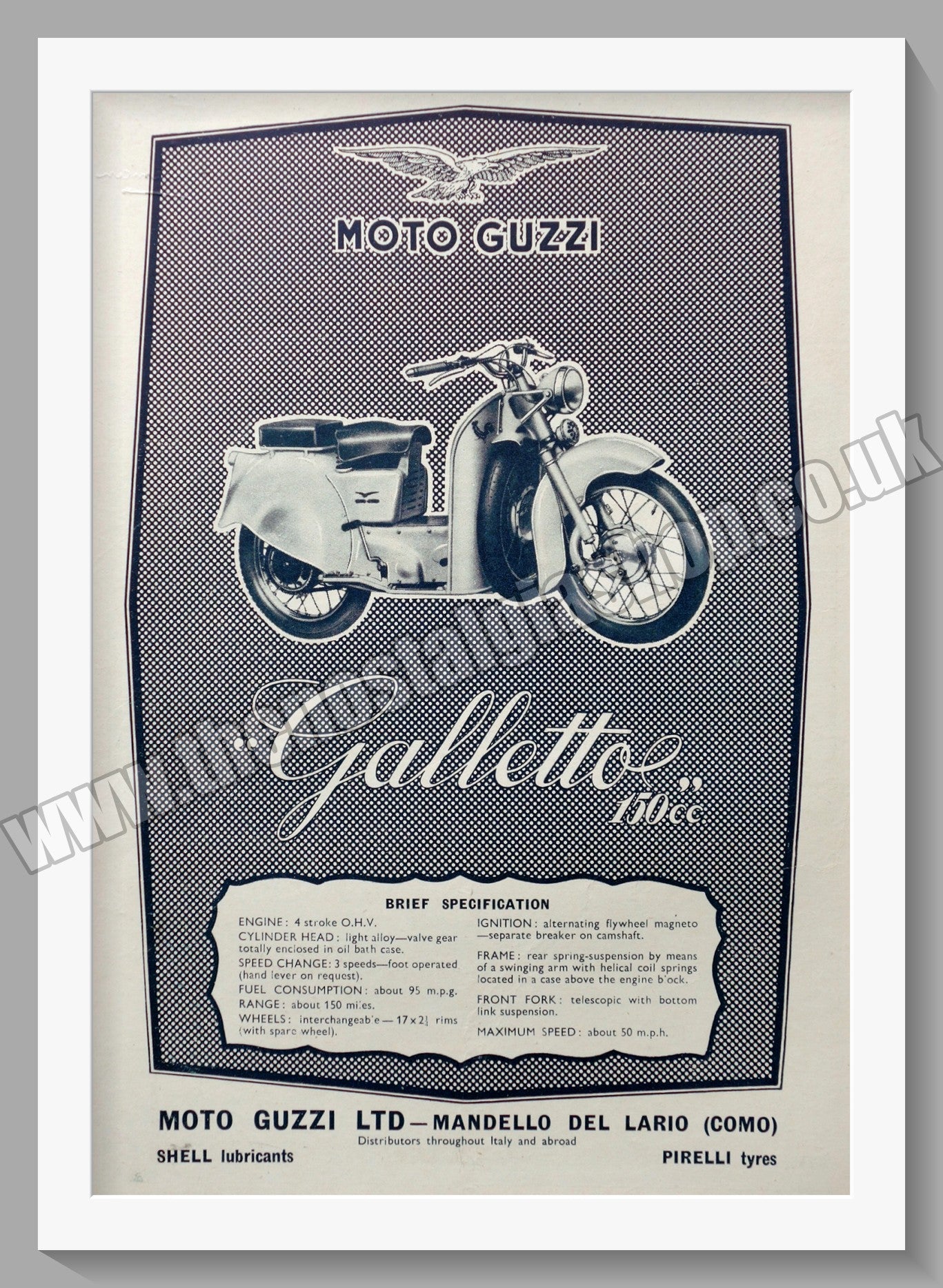 Moto Guzzi Galletto 150cc Motorcycle. Original Advert 1950 (ref AD56710)