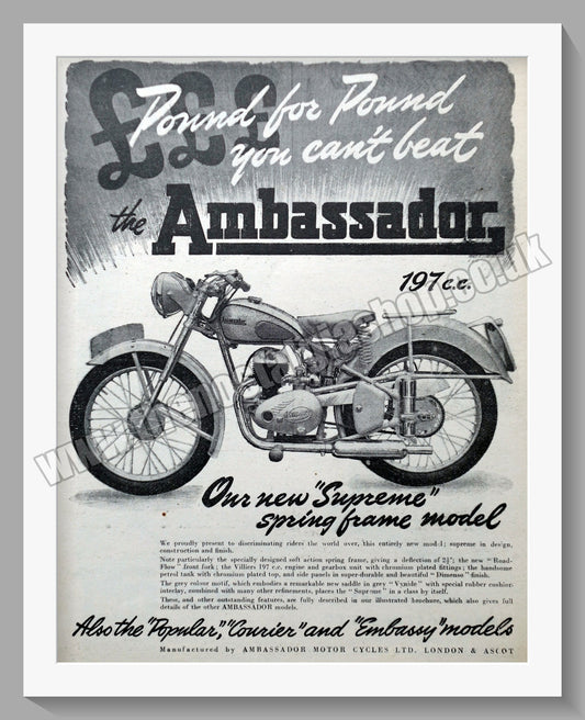 Ambassador Supreme Motorcycle. Original Advert 1950 (ref AD56746)