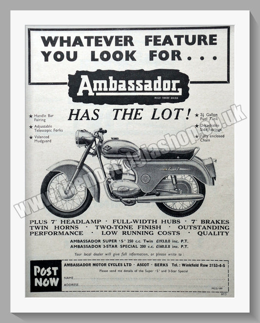 Ambassador Super S, 3 Star Special Motorcycles. Original Advert 1960 (ref AD56747)