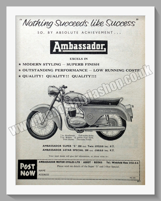 Ambassador Super S, 3 Star Special Motorcycles. Original Advert 1960 (ref AD56748)