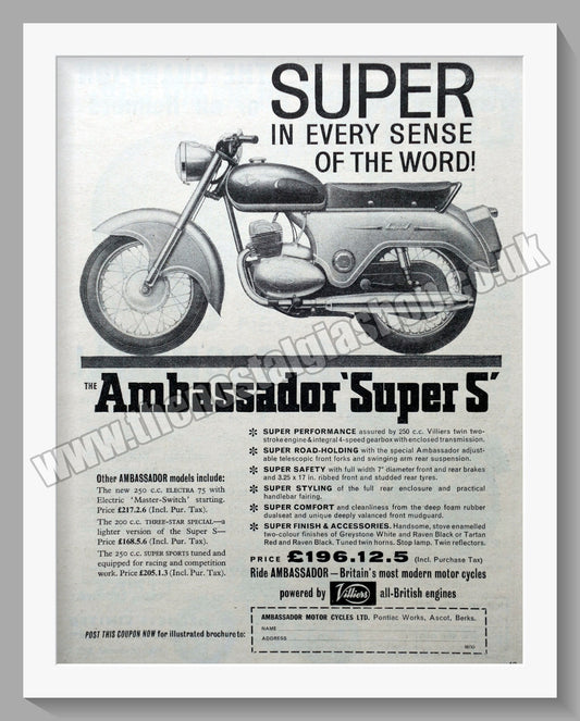 Ambassador Super S Motorcycle. Original Advert 1961 (ref AD56749)