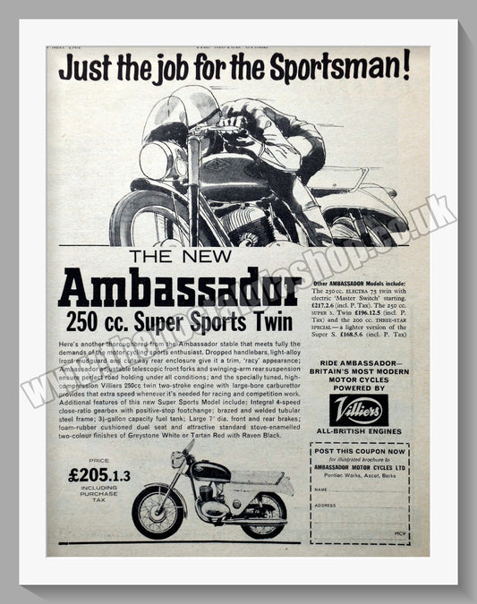 Ambassador Super Sports Twin Motorcycle. Original Advert 1961 (ref AD56750)