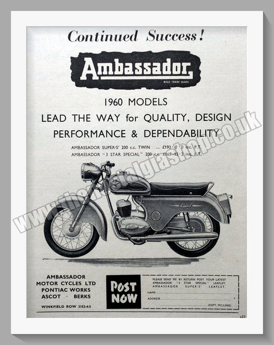 Ambassador Super S & 3 Star Special Motorcycles. Original Advert 1959 (ref AD56751)